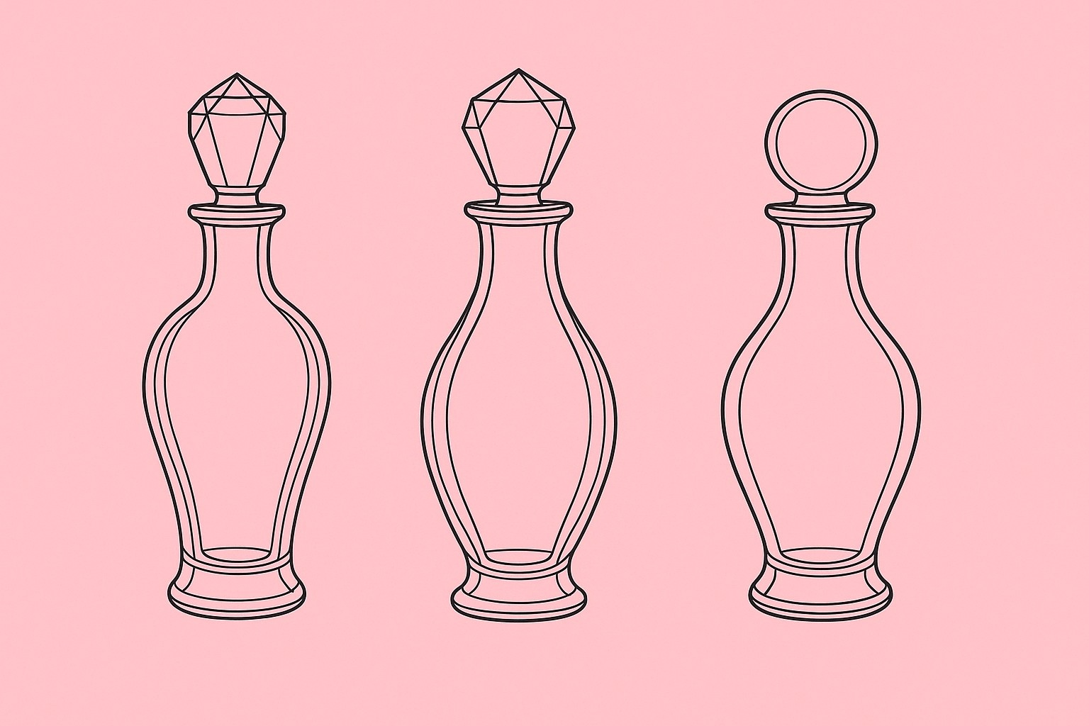 「関連意匠制度の説明用に、形状が異なる3種類の瓶を黒い線図で並べたイラスト（背景ピンク）」