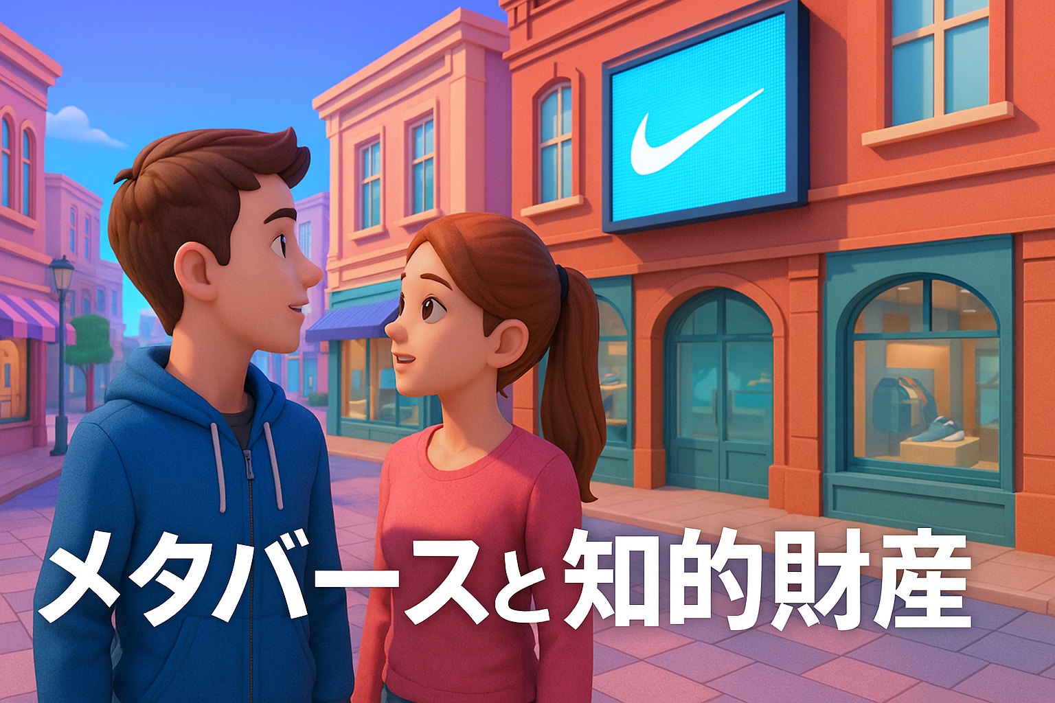 メタバースの高級ショッピング街で、アバター風の男女がNikeのデジタル看板を見上げて話している3Dイラスト。『メタバースと知的財産』という文字が入った、仮想空間でのブランド保護をイメージしたデジタルアート。