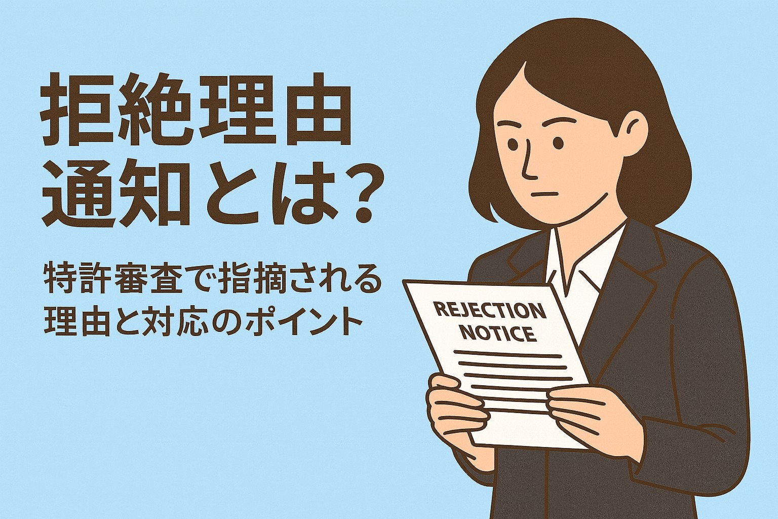 薄い水色の背景に、茶色の髪の女性がスーツ姿で『拒絶理由』と書かれた書類を見つめているイラスト。左側に『拒絶理由通知とは？ 特許審査で指摘される理由と対応のポイント』の文字。」