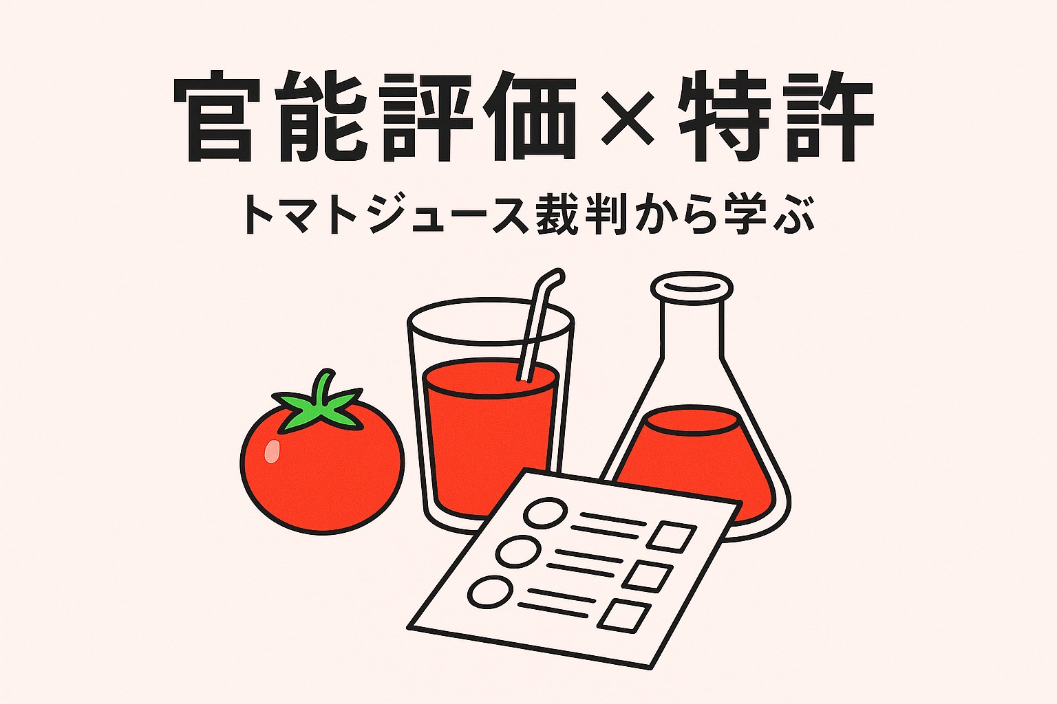 トマトジュースと試験管、官能評価シートの線画イラスト。官能評価と特許の関係をイメージしたアイキャッチ画像。クレーム色背景。