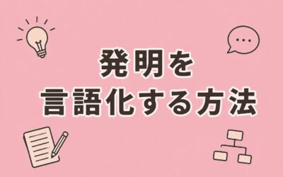 淡いピンク色の背景に、「発明を言語化する方法」という大きな文字が中央に配置されたアイキャッチ画像。周囲には、電球、吹き出し、メモ帳、フローチャートのイラストが描かれており、アイデア整理や技術の言語化をイメージしたデザイン。